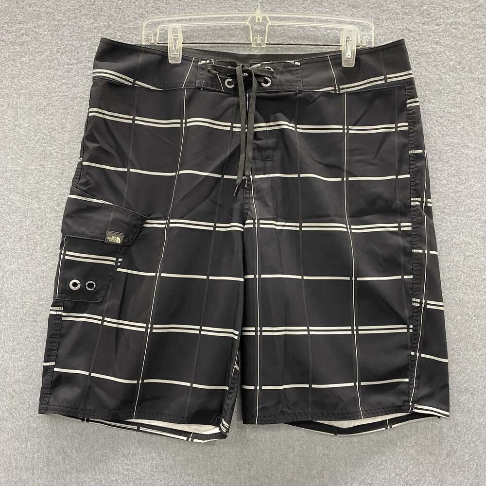 The North Face Board Shorts Mens 36 Black Gray Plaid Swim Trunks Lace Up
